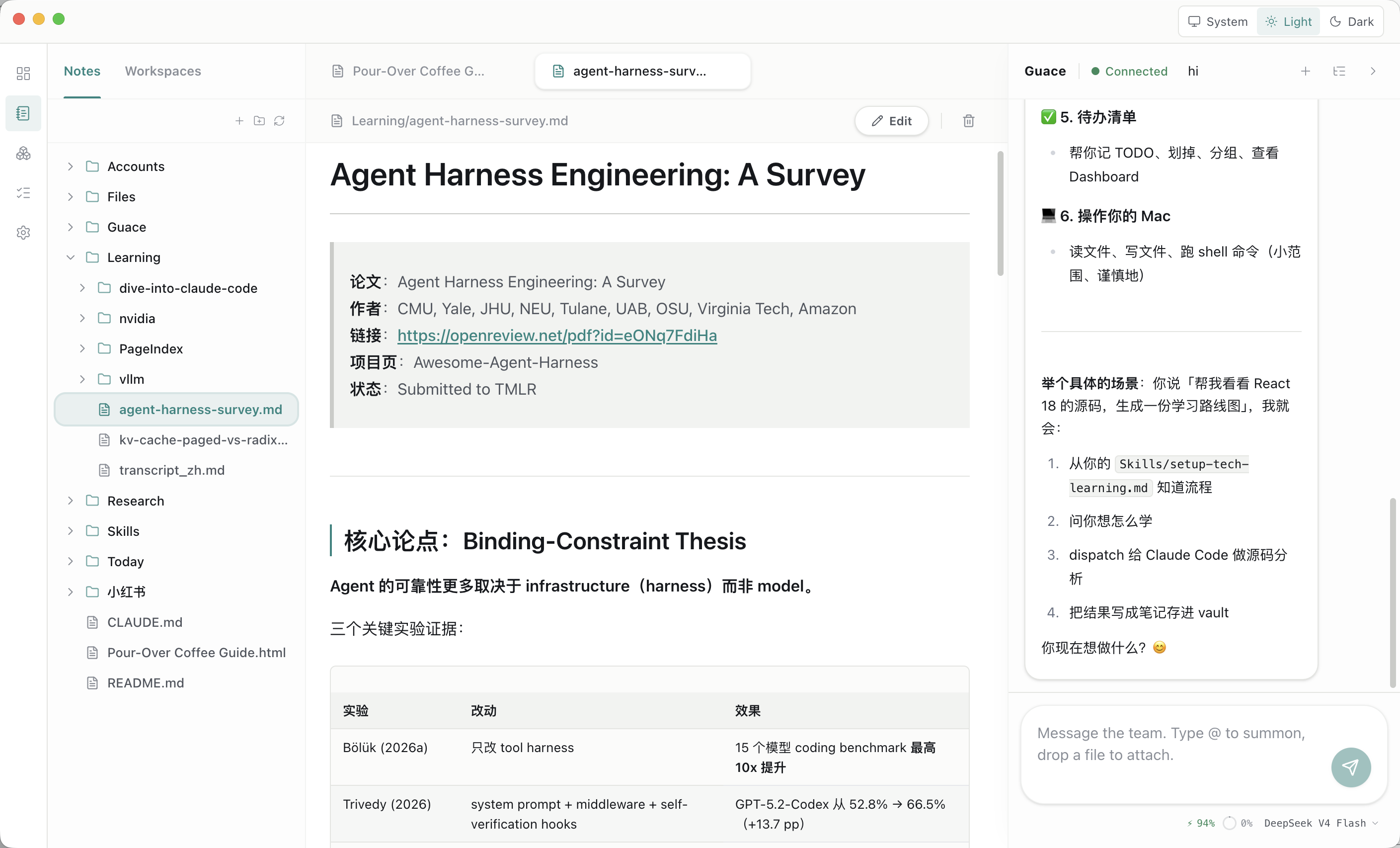 Rendered document beside Guace's agent chat panel